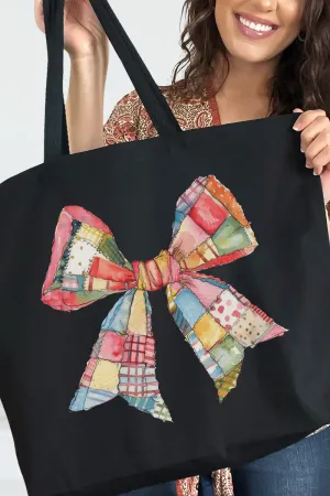 Faux Patchwork Quilt Stripe Bow Canvas Jumbo Tote