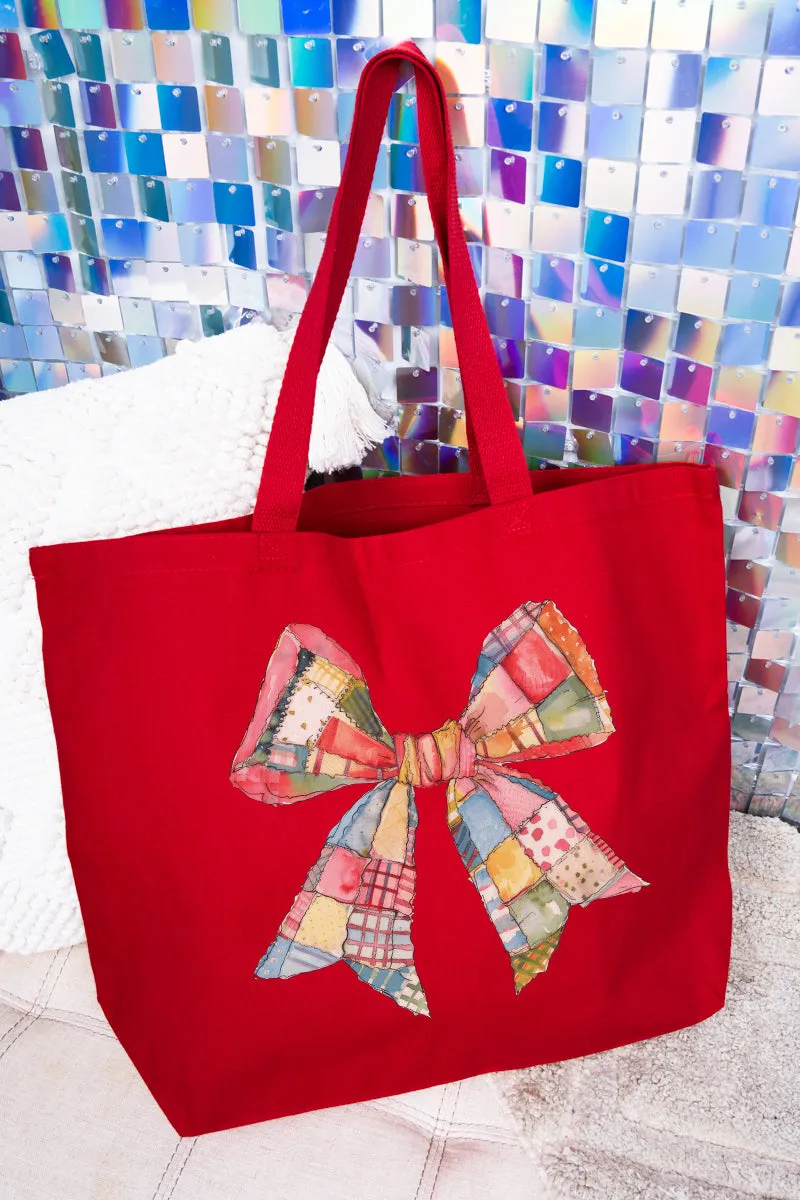 Faux Patchwork Quilt Stripe Bow Canvas Jumbo Tote