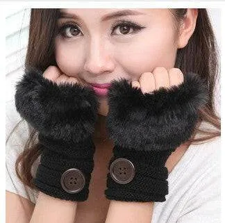 Faux rabbit fur warm fingerless wool winter knitted gloves women