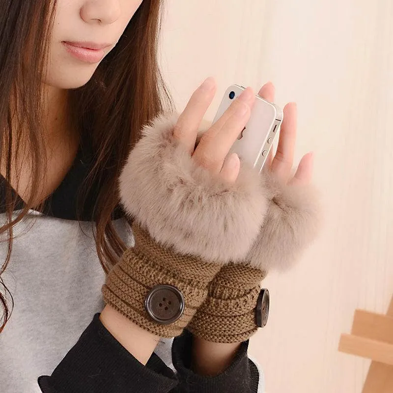Faux rabbit fur warm fingerless wool winter knitted gloves women
