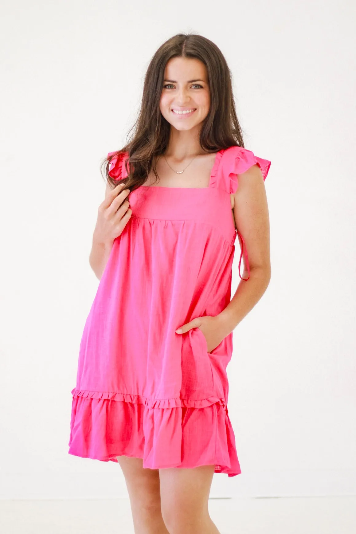 Flowy and Free Ruffled Linen Dress in Fuschia