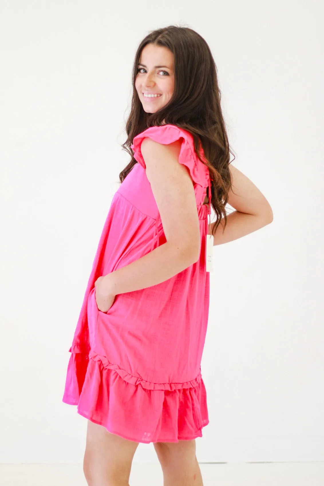 Flowy and Free Ruffled Linen Dress in Fuschia
