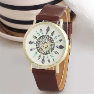 Free Items of New Fashion Women Watch Unique Feather Dial Leather Band Analog Quartz Wrist Watches