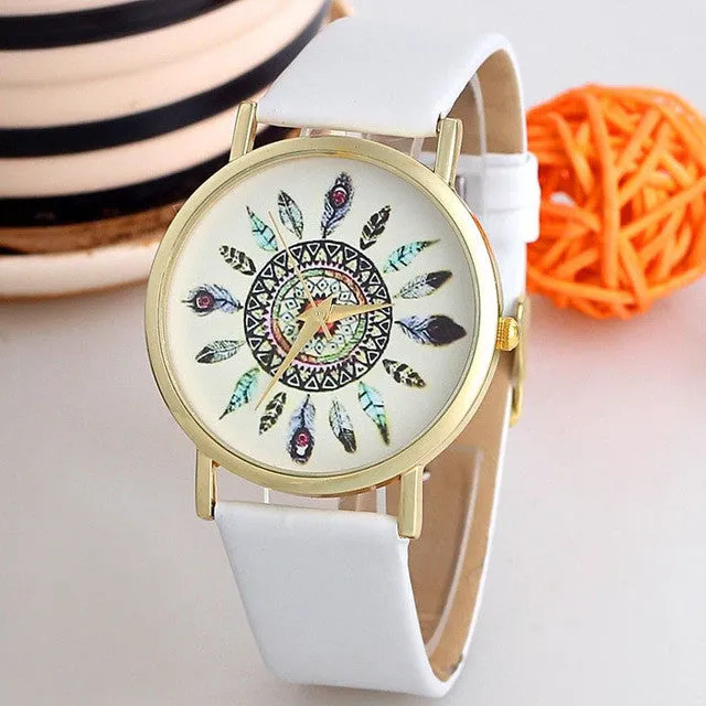 Free Items of New Fashion Women Watch Unique Feather Dial Leather Band Analog Quartz Wrist Watches
