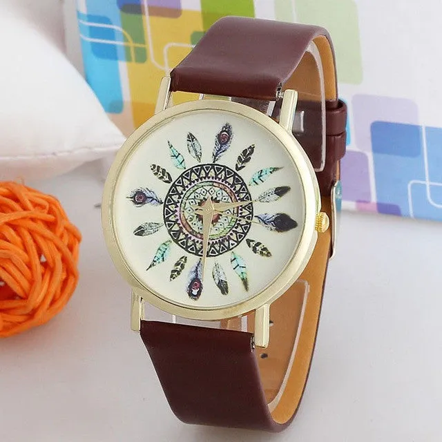 Free Items of New Fashion Women Watch Unique Feather Dial Leather Band Analog Quartz Wrist Watches