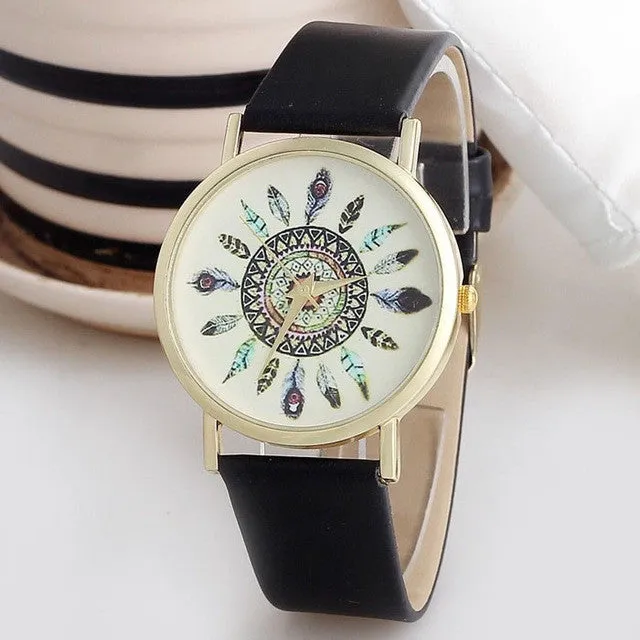 Free Items of New Fashion Women Watch Unique Feather Dial Leather Band Analog Quartz Wrist Watches