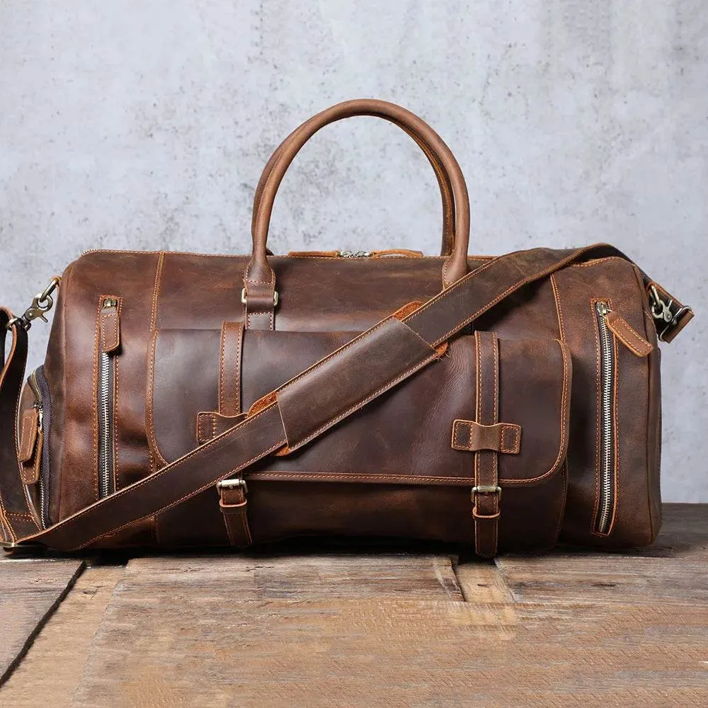 Genuine Leather Travel Duffel Bag High-Capacity wShoe Compartment