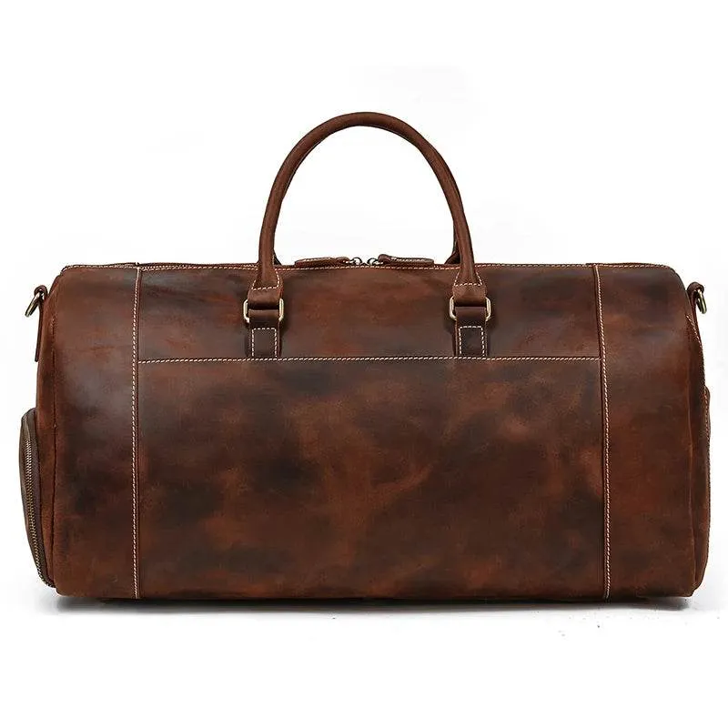 Genuine Leather Travel Duffel Bag High-Capacity wShoe Compartment