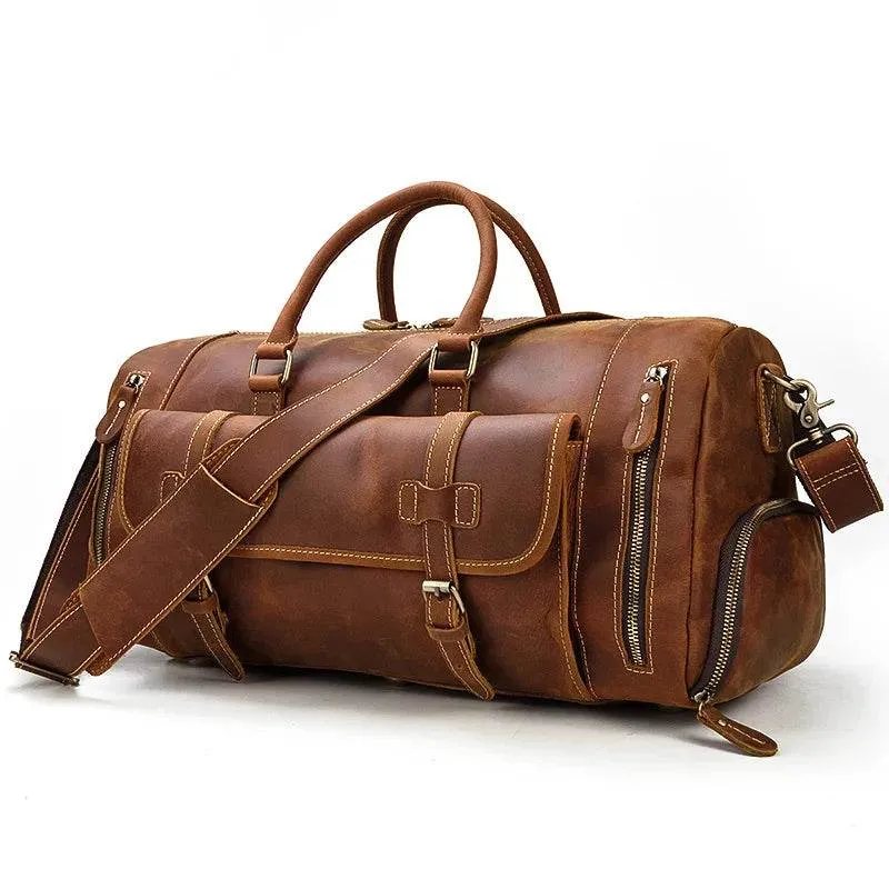Genuine Leather Travel Duffel Bag High-Capacity wShoe Compartment