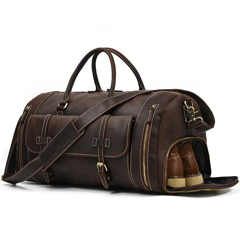 Genuine Leather Travel Duffel Bag High-Capacity wShoe Compartment