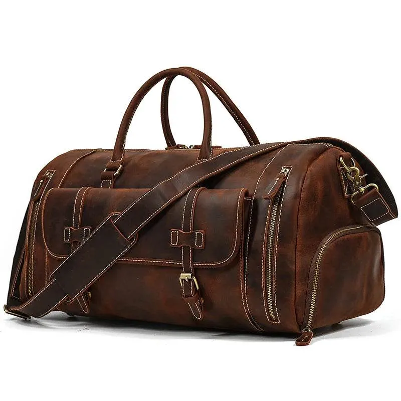 Genuine Leather Travel Duffel Bag High-Capacity wShoe Compartment
