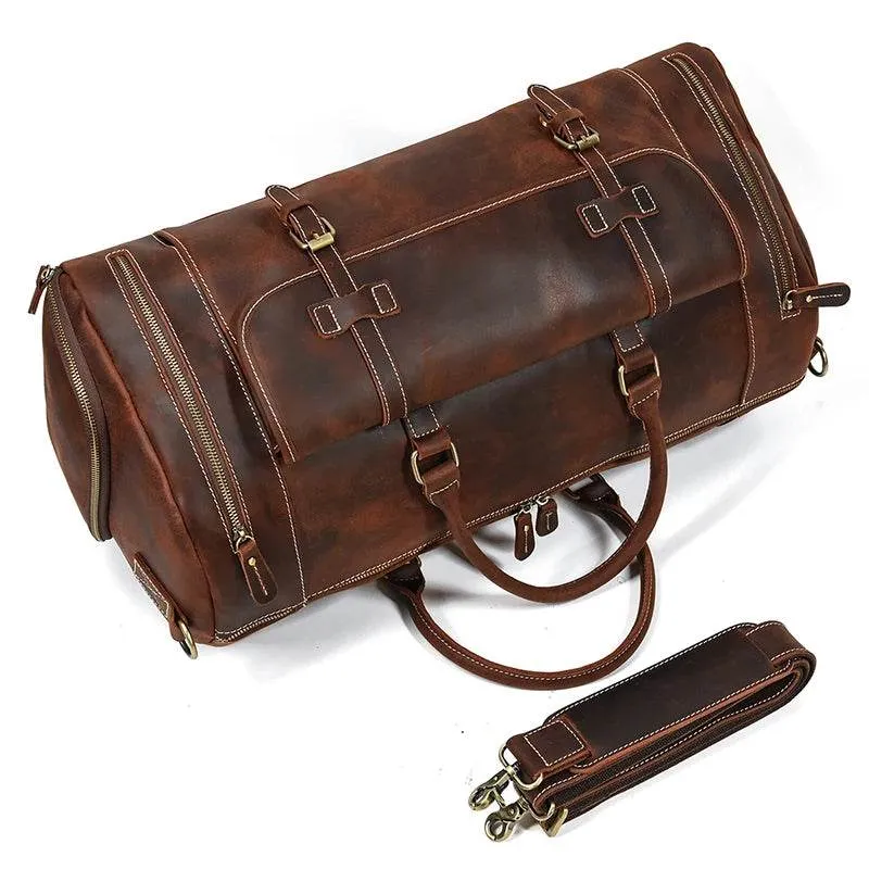 Genuine Leather Travel Duffel Bag High-Capacity wShoe Compartment