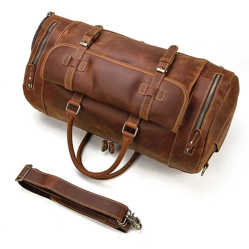 Genuine Leather Travel Duffel Bag High-Capacity wShoe Compartment