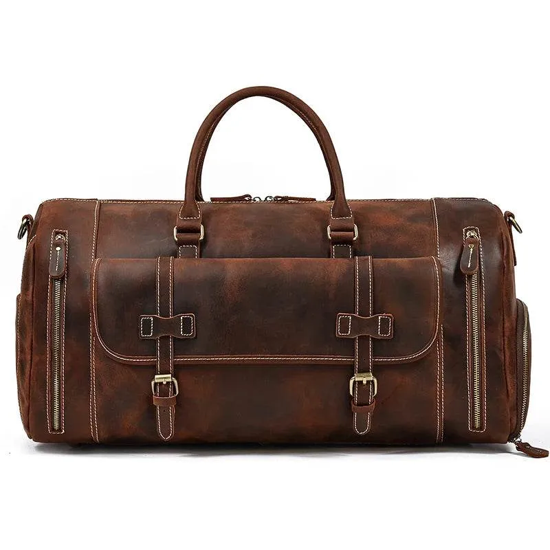 Genuine Leather Travel Duffel Bag High-Capacity wShoe Compartment