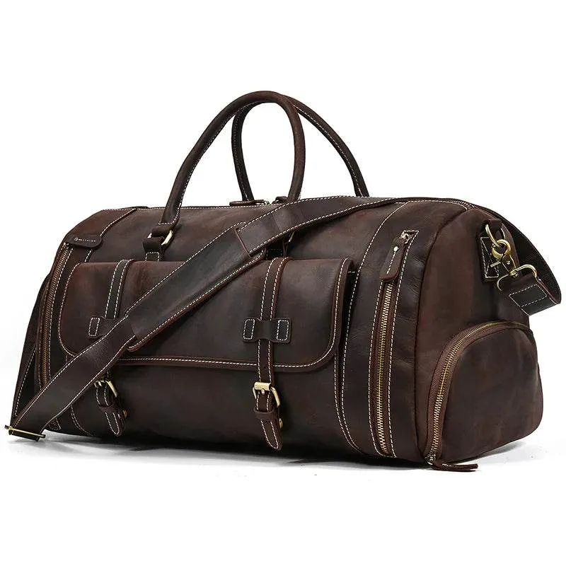 Genuine Leather Travel Duffel Bag High-Capacity wShoe Compartment