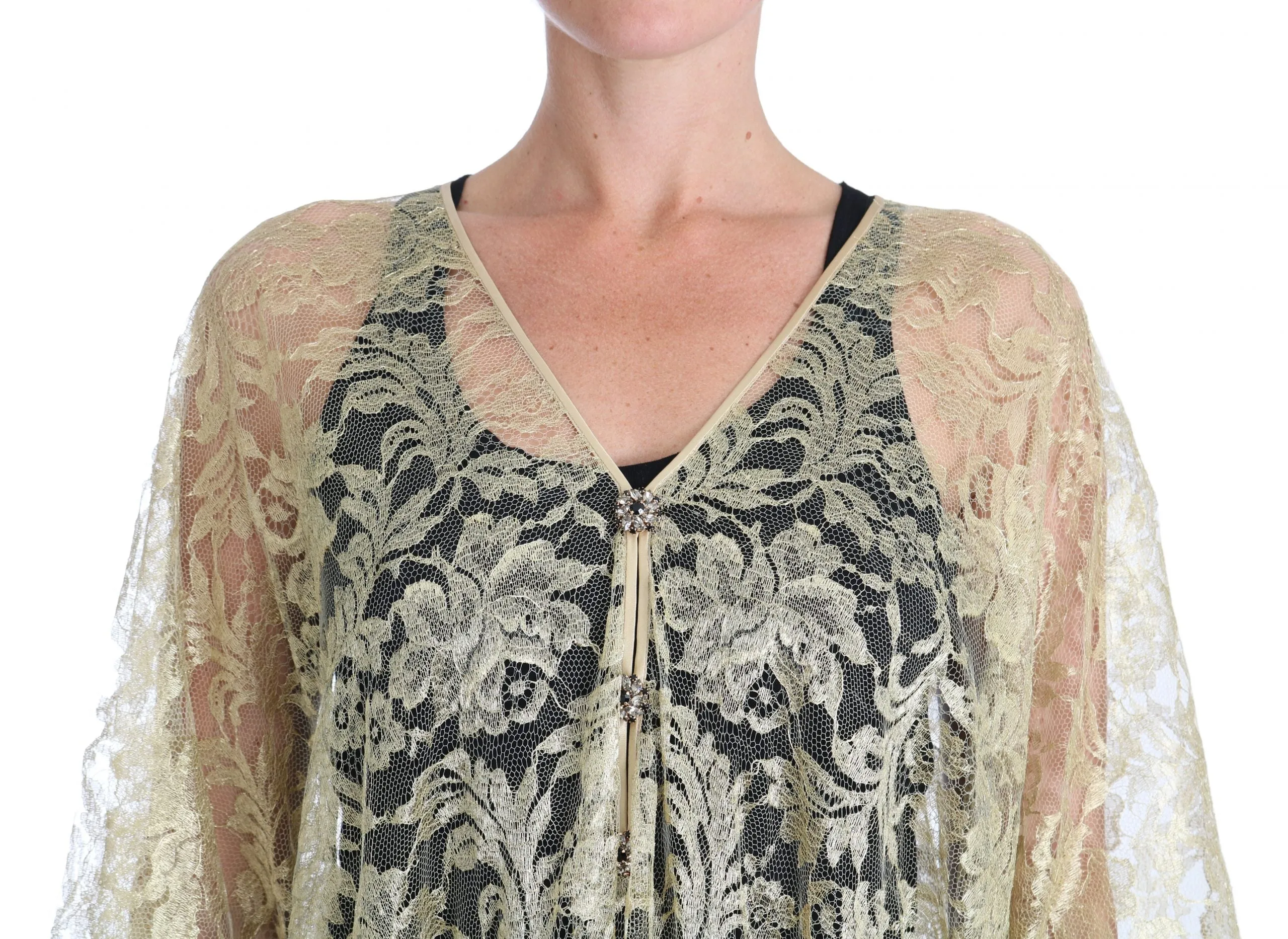 Gold Floral Lace Crystal Gown Cape Dress