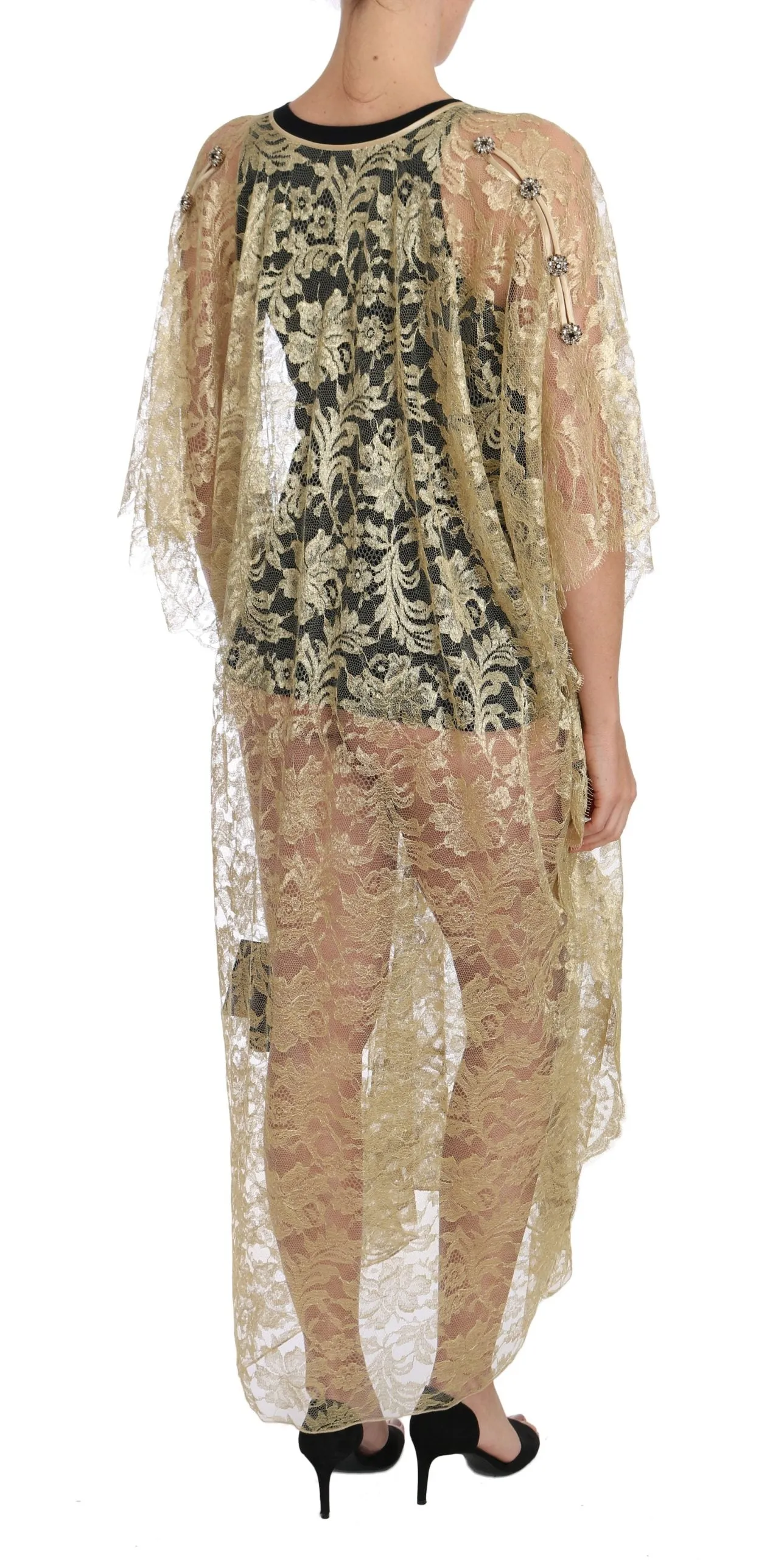 Gold Floral Lace Crystal Gown Cape Dress