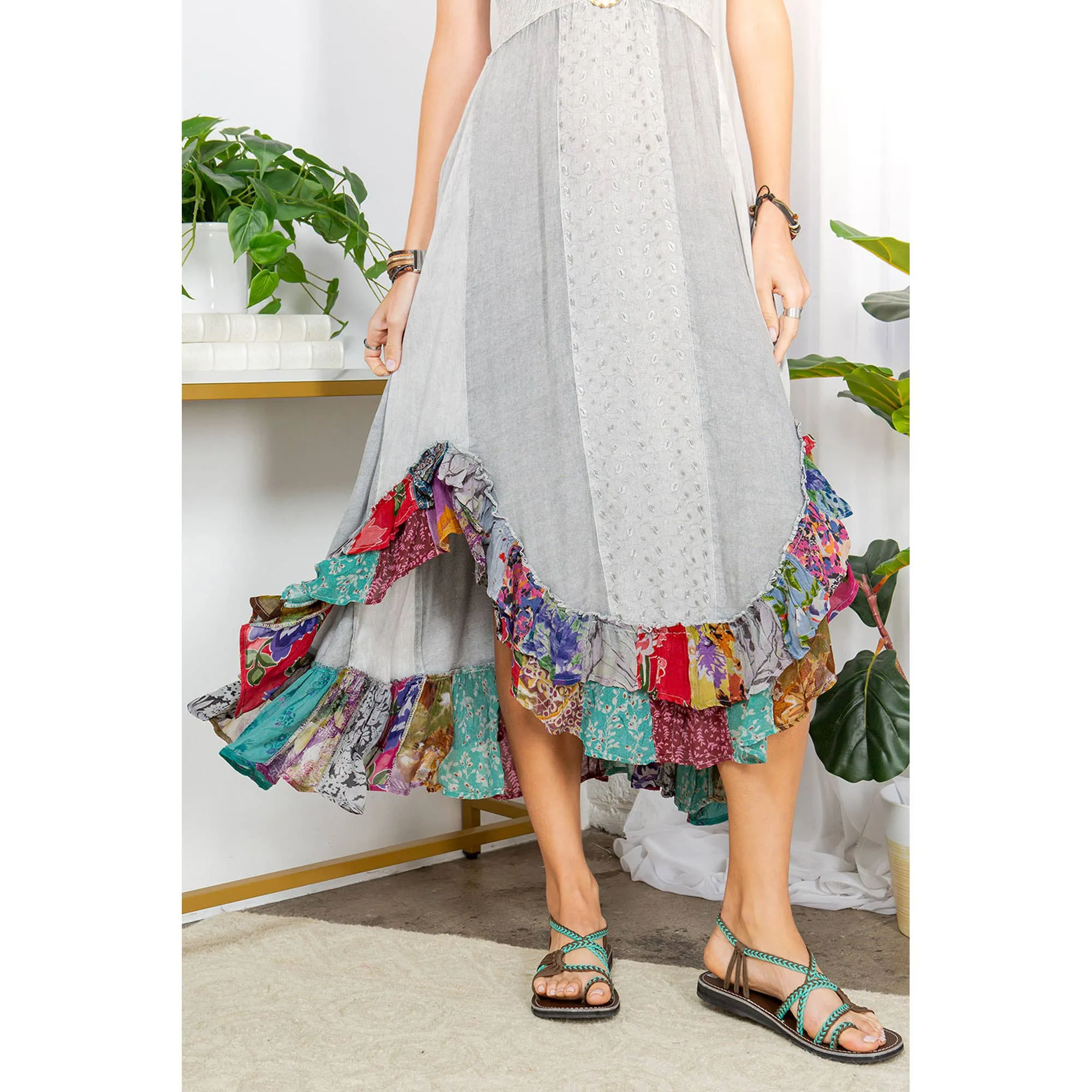 Grey Sun-Kissed Patchwork: Smocked Bliss Bohemian Mid-Length Dress