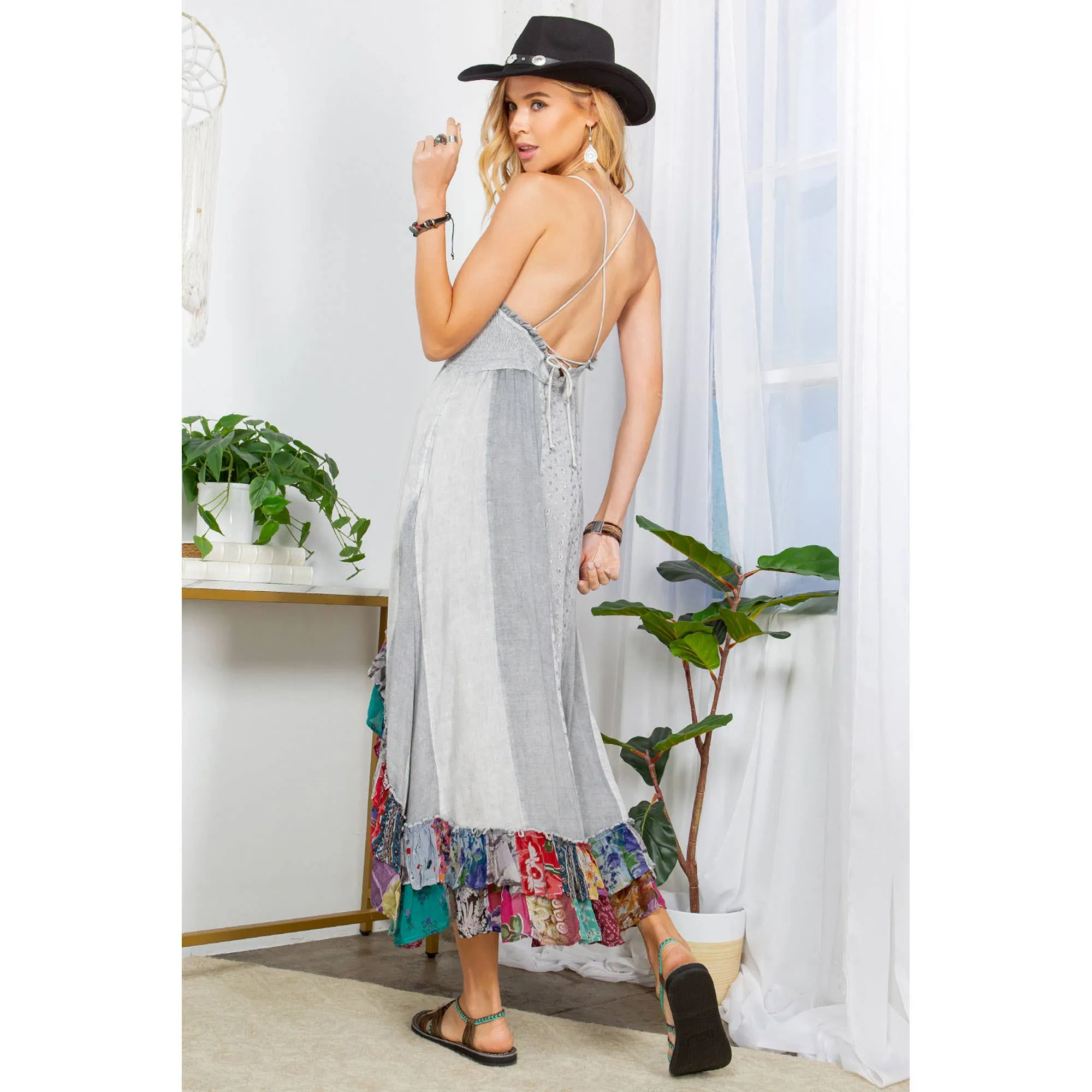 Grey Sun-Kissed Patchwork: Smocked Bliss Bohemian Mid-Length Dress