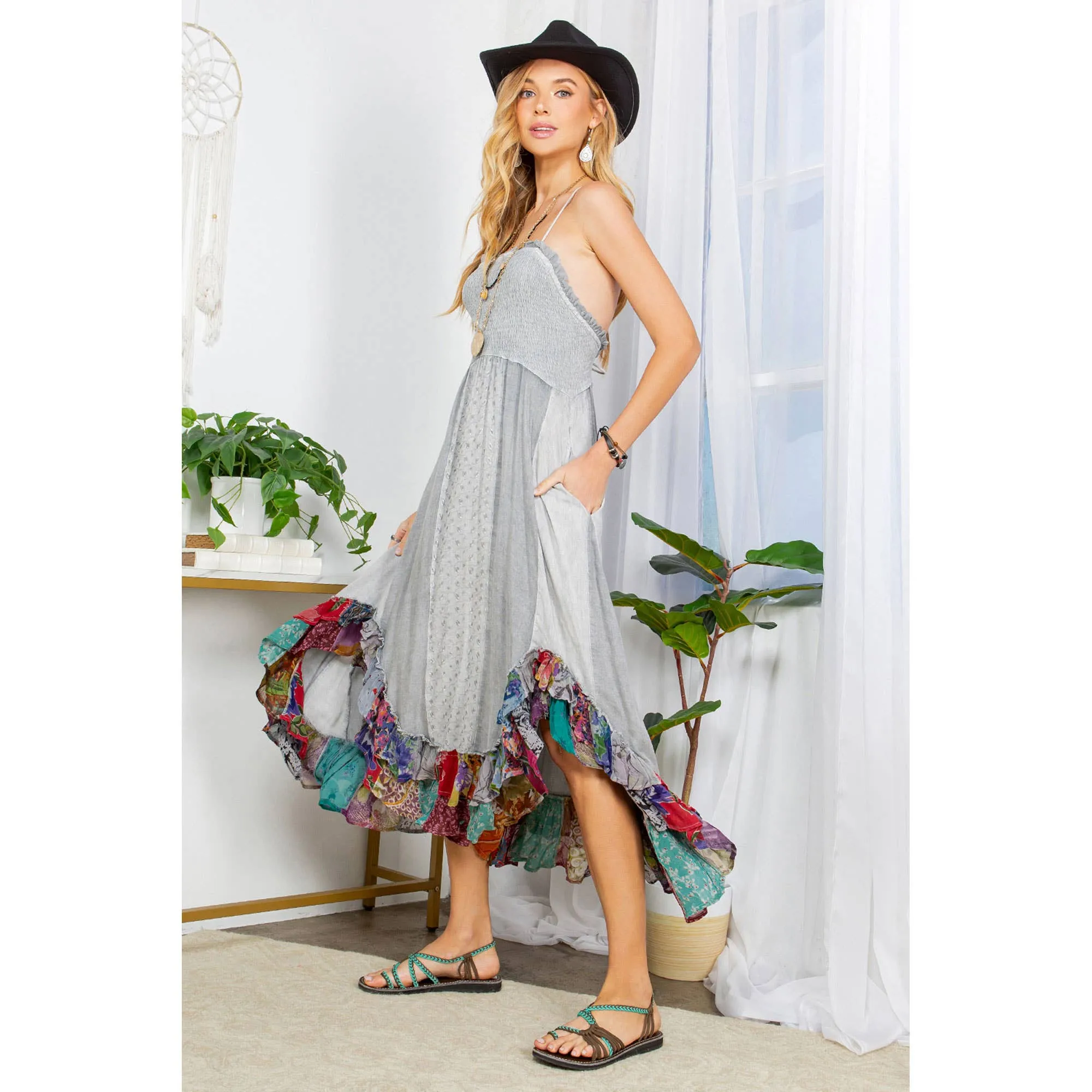 Grey Sun-Kissed Patchwork: Smocked Bliss Bohemian Mid-Length Dress