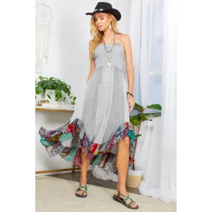 Grey Sun-Kissed Patchwork: Smocked Bliss Bohemian Mid-Length Dress
