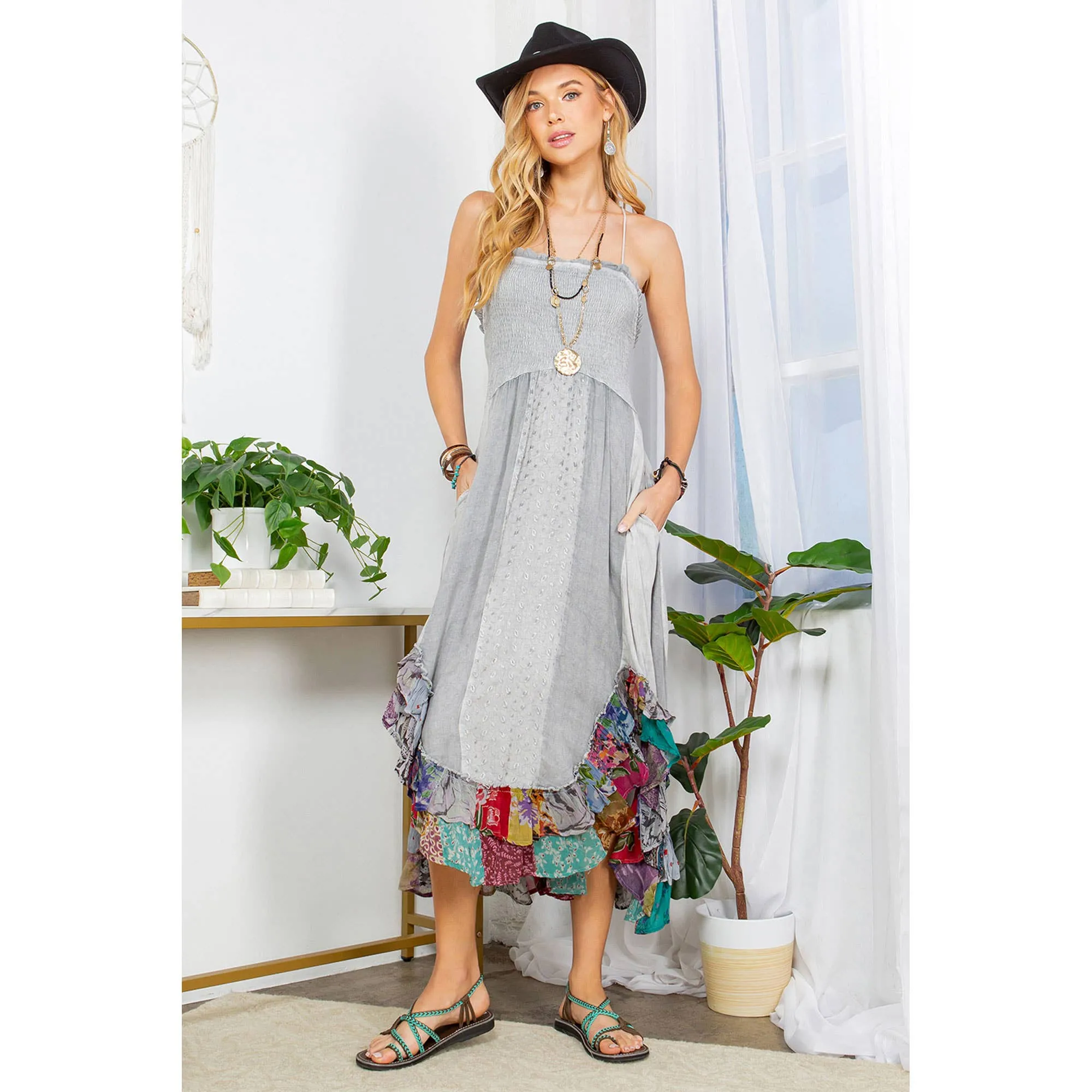 Grey Sun-Kissed Patchwork: Smocked Bliss Bohemian Mid-Length Dress