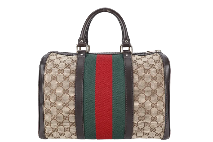 GUCCI BOSTON BAG MEDIUM GG CANVAS VINTAGE WEB GOLD HARDWARE WITH LEATHER STRAPS NO DUST COVER