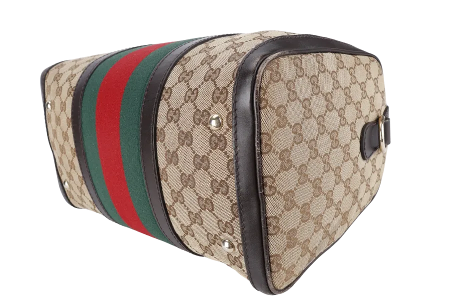 GUCCI BOSTON BAG MEDIUM GG CANVAS VINTAGE WEB GOLD HARDWARE WITH LEATHER STRAPS NO DUST COVER