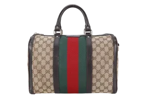 GUCCI BOSTON BAG MEDIUM GG CANVAS VINTAGE WEB GOLD HARDWARE WITH LEATHER STRAPS NO DUST COVER