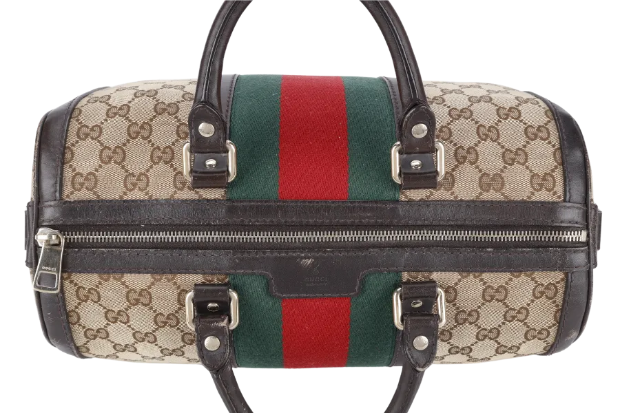 GUCCI BOSTON BAG MEDIUM GG CANVAS VINTAGE WEB GOLD HARDWARE WITH LEATHER STRAPS NO DUST COVER