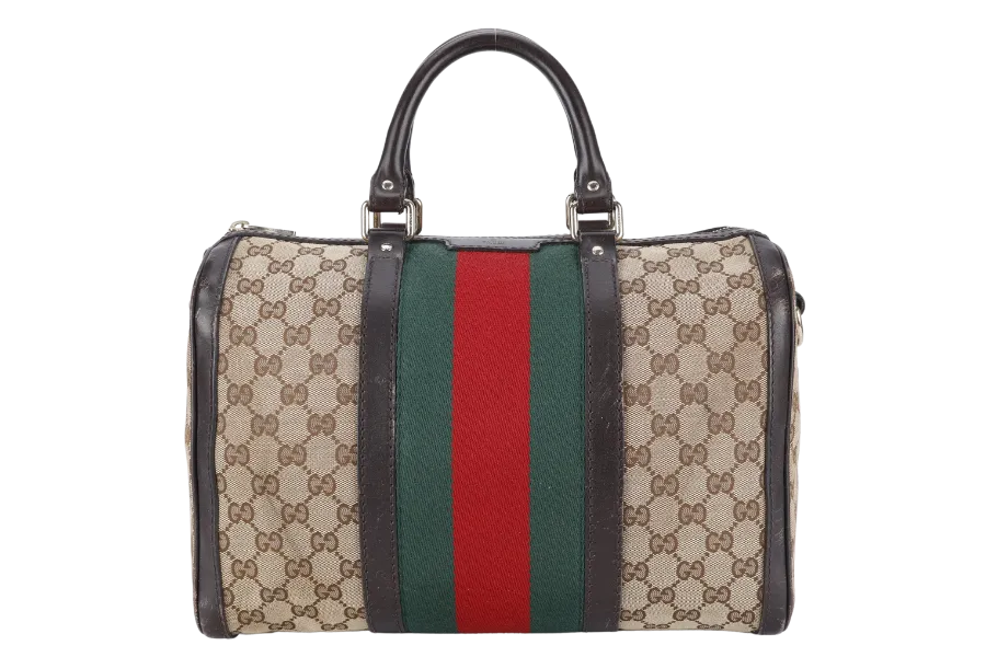 GUCCI BOSTON BAG MEDIUM GG CANVAS VINTAGE WEB GOLD HARDWARE WITH LEATHER STRAPS NO DUST COVER