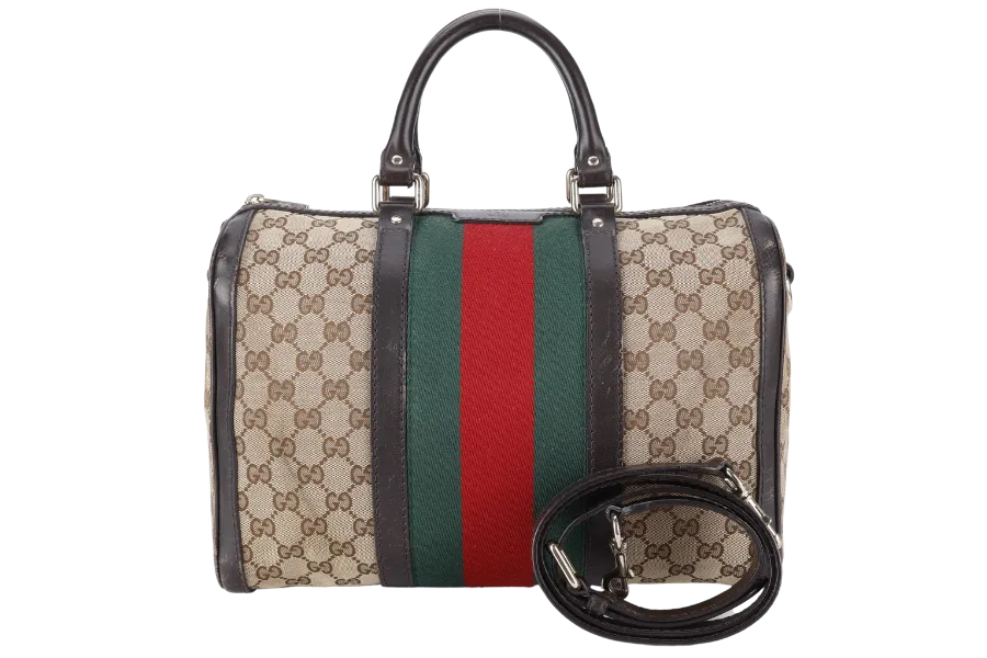 GUCCI BOSTON BAG MEDIUM GG CANVAS VINTAGE WEB GOLD HARDWARE WITH LEATHER STRAPS NO DUST COVER