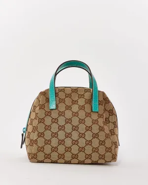 Gucci Brown GG Monogram Canvas / Turquoise Trim Small Top Handle Bag