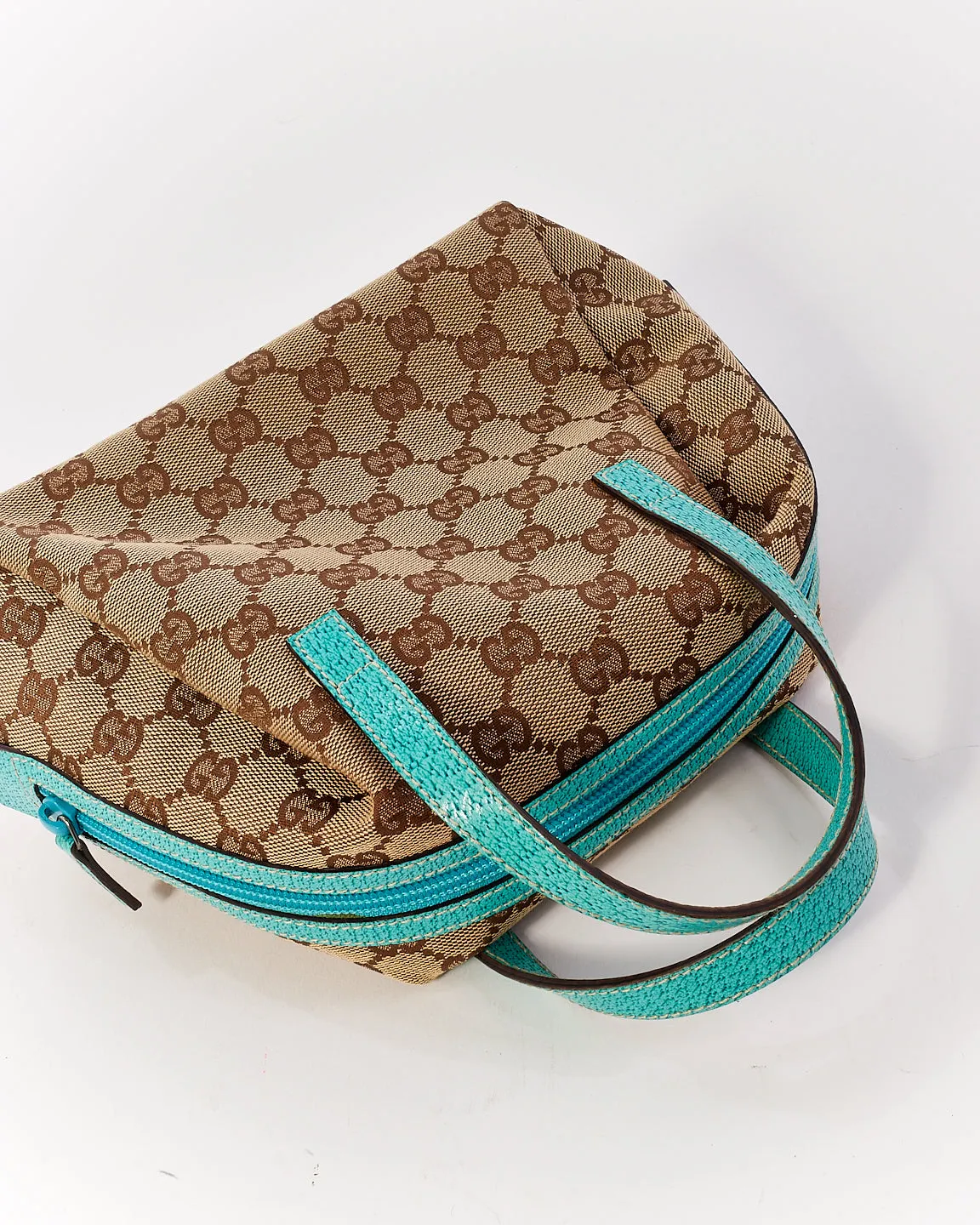 Gucci Brown GG Monogram Canvas / Turquoise Trim Small Top Handle Bag
