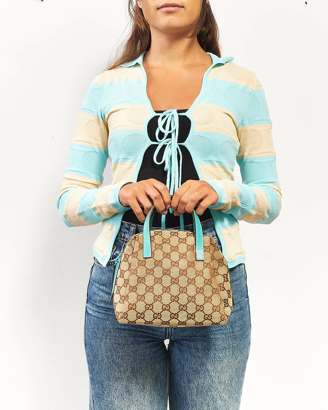 Gucci Brown GG Monogram Canvas / Turquoise Trim Small Top Handle Bag
