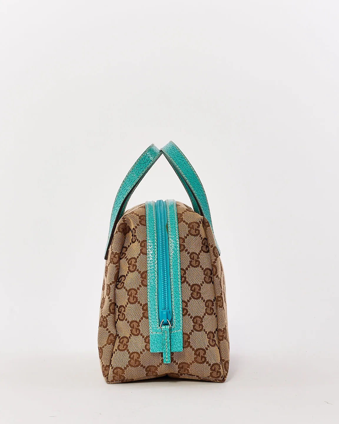 Gucci Brown GG Monogram Canvas / Turquoise Trim Small Top Handle Bag