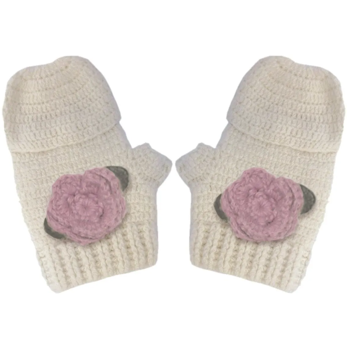 Hand crocheted Mittens with Pink Flowers