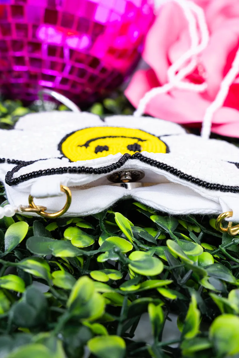 Happy Face Daisy White Petite Seed Bead Purse