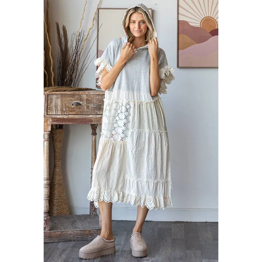 Heather Grey Eyelet Contrast Short SLeeve Long Hooded Tunic