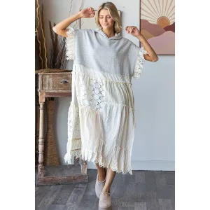 Heather Grey Eyelet Contrast Short SLeeve Long Hooded Tunic