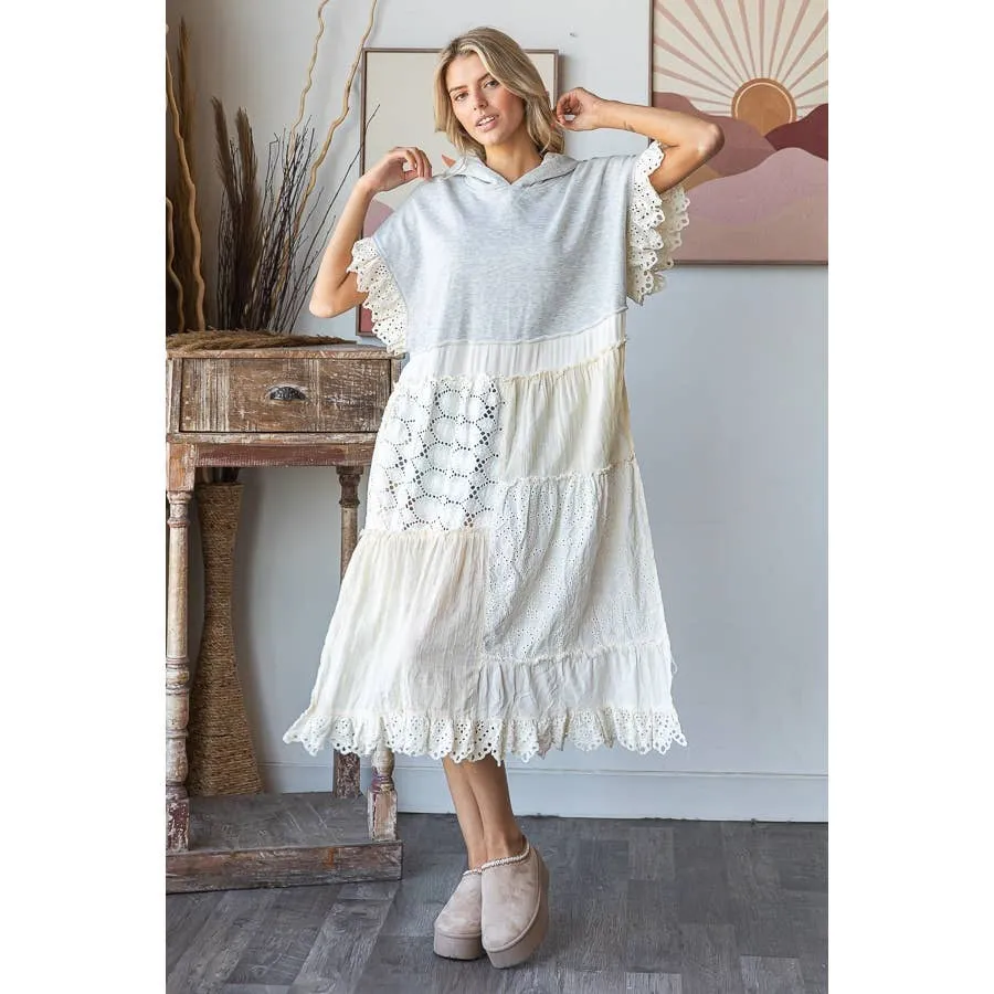 Heather Grey Eyelet Contrast Short SLeeve Long Hooded Tunic