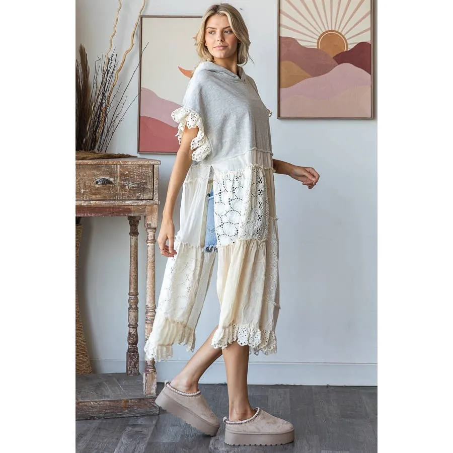 Heather Grey Eyelet Contrast Short SLeeve Long Hooded Tunic