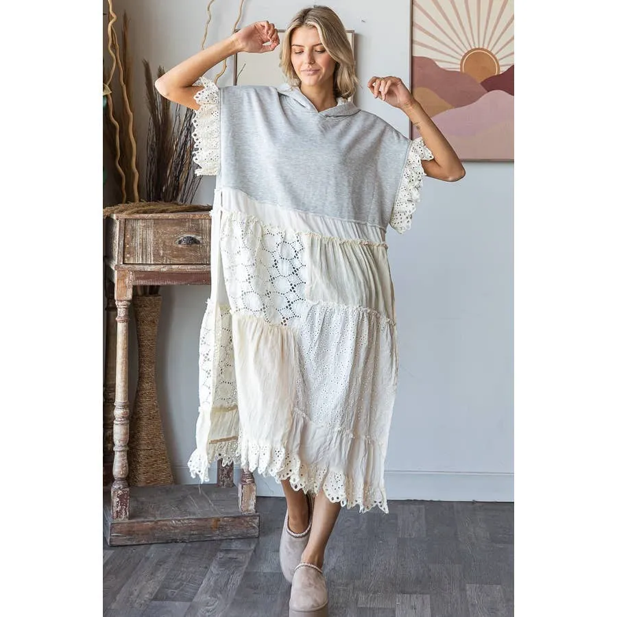 Heather Grey Eyelet Contrast Short SLeeve Long Hooded Tunic
