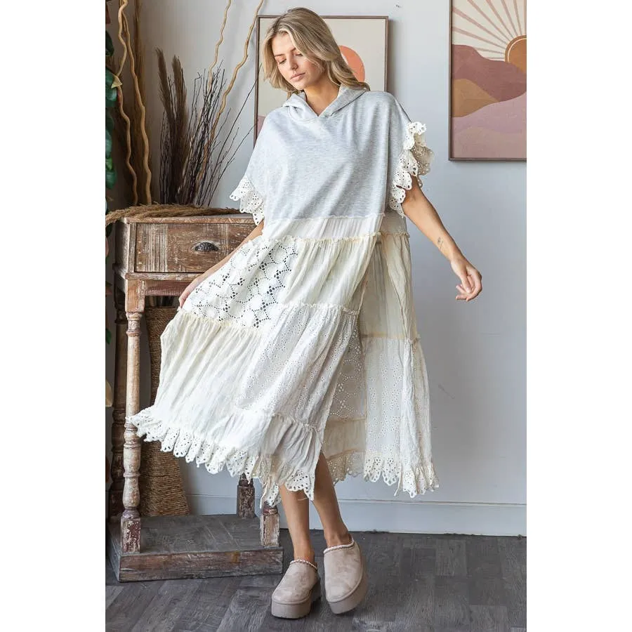 Heather Grey Eyelet Contrast Short SLeeve Long Hooded Tunic