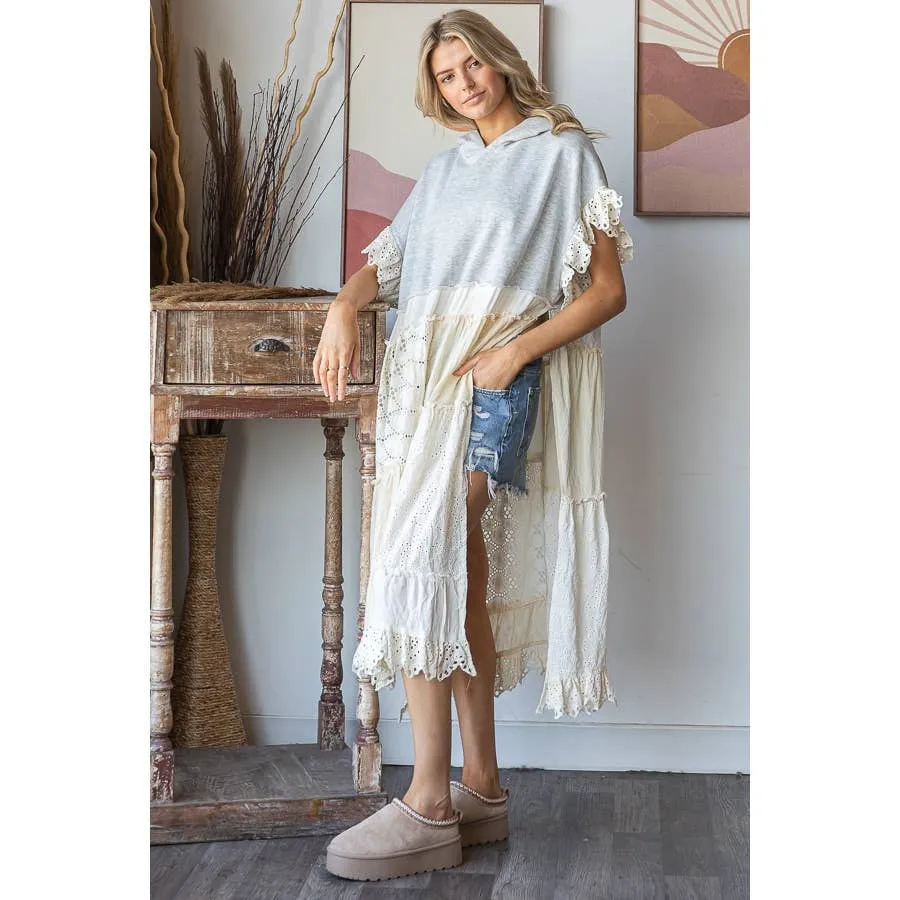 Heather Grey Eyelet Contrast Short SLeeve Long Hooded Tunic