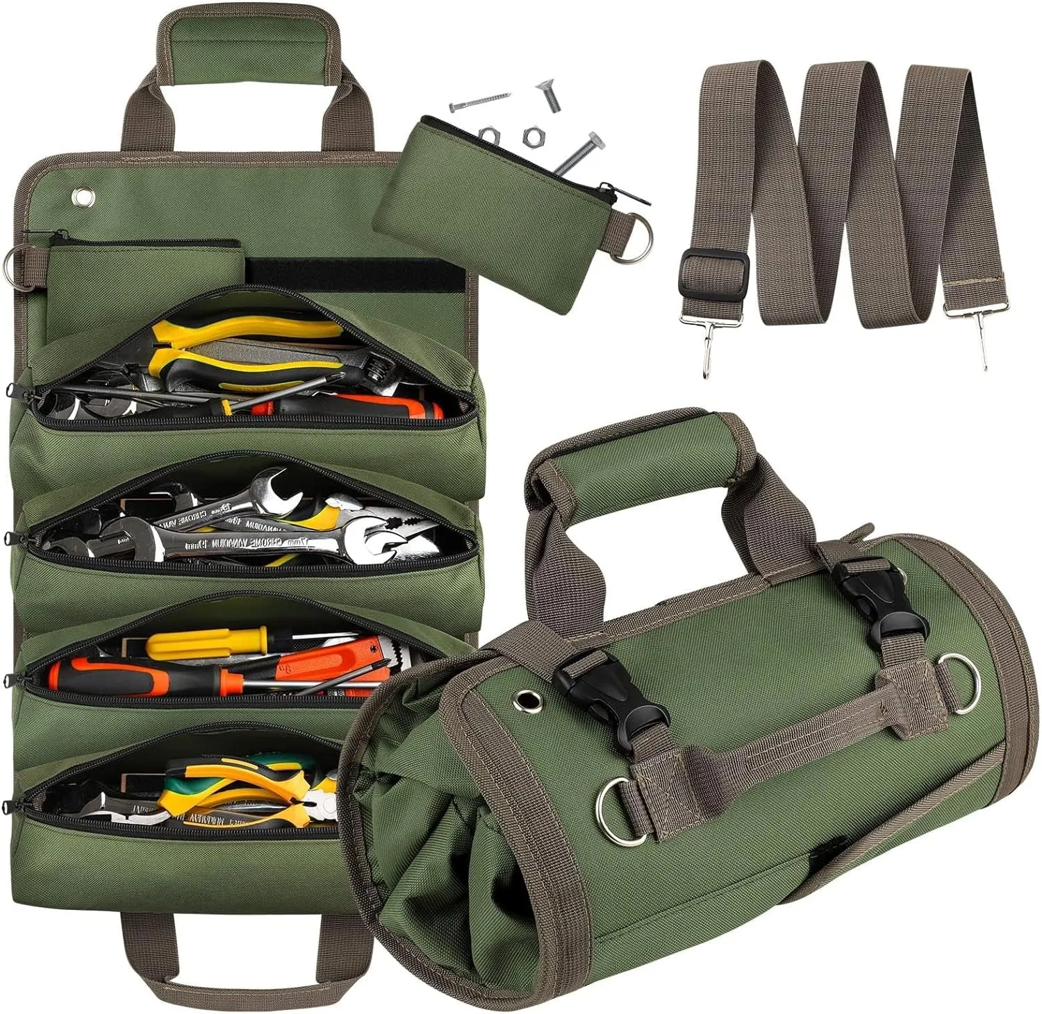 Heavy Duty Tool Roll Bags with 2 Detachable Zipper Pouch - Green