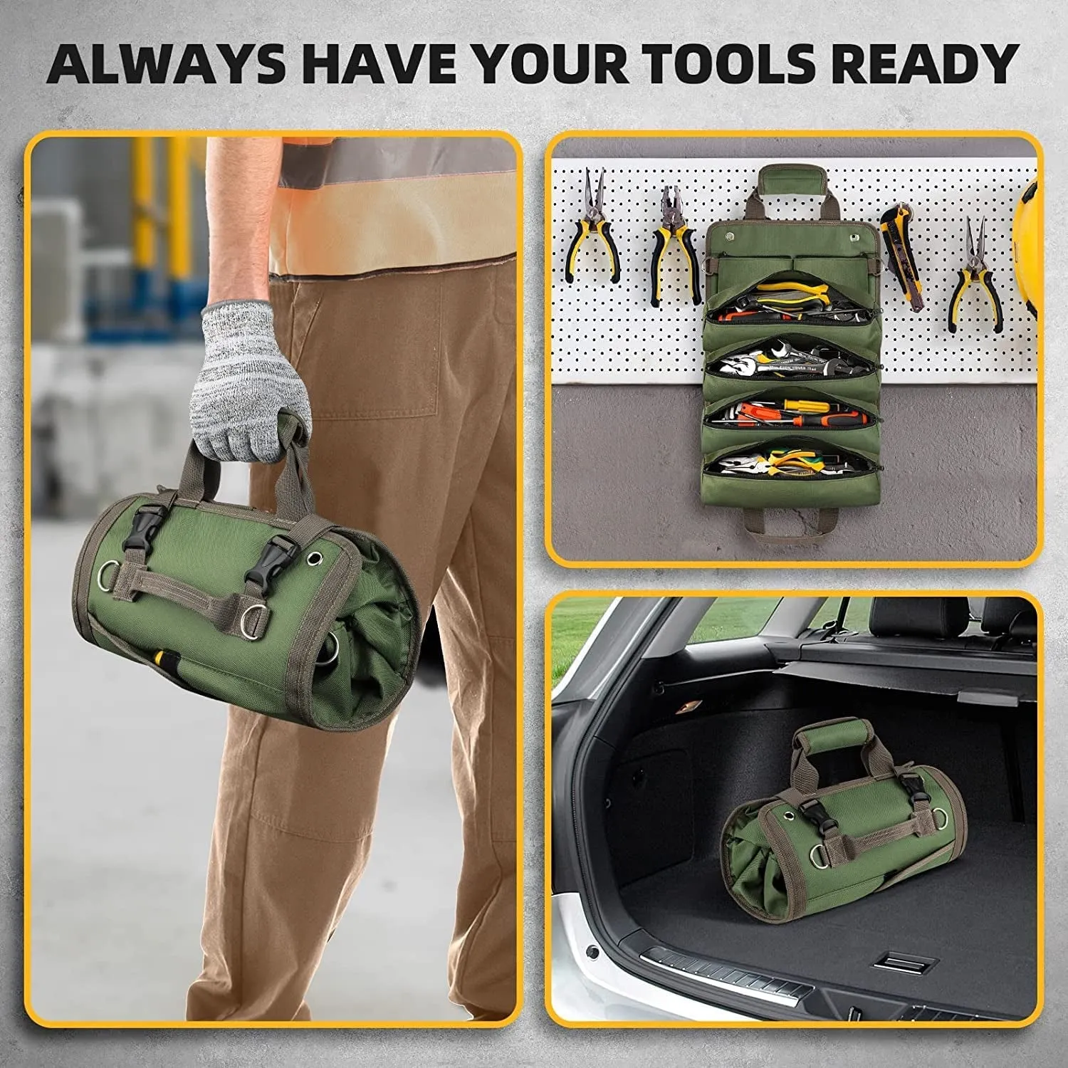 Heavy Duty Tool Roll Bags with 2 Detachable Zipper Pouch - Green