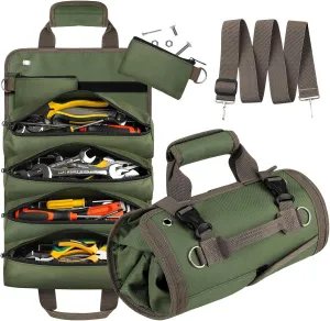 Heavy Duty Tool Roll Bags with 2 Detachable Zipper Pouch - Green