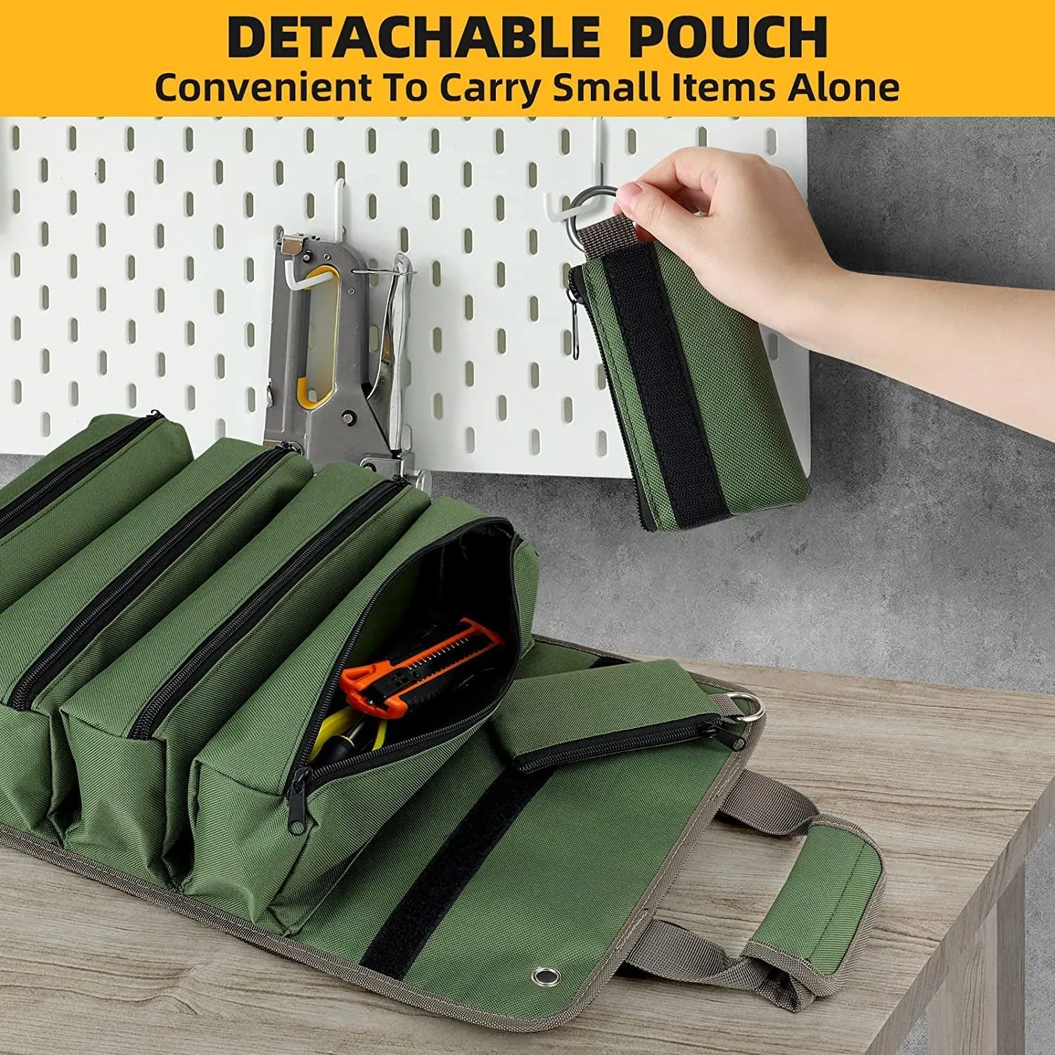 Heavy Duty Tool Roll Bags with 2 Detachable Zipper Pouch - Green