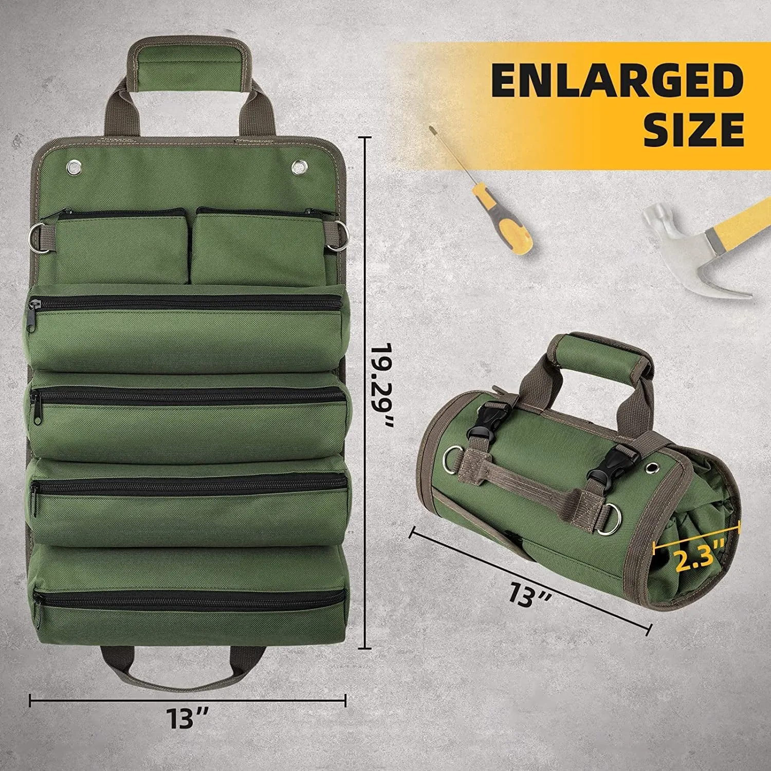Heavy Duty Tool Roll Bags with 2 Detachable Zipper Pouch - Green